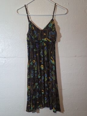 Floral Spaghetti-Strap Mini Dress in Brown and Green Y2K Vintage Womens Small
